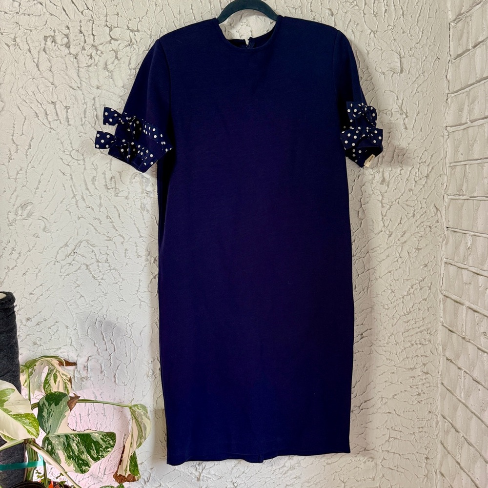 Vintage Navy Midi Dress with Polka Dot Sleeve Accents